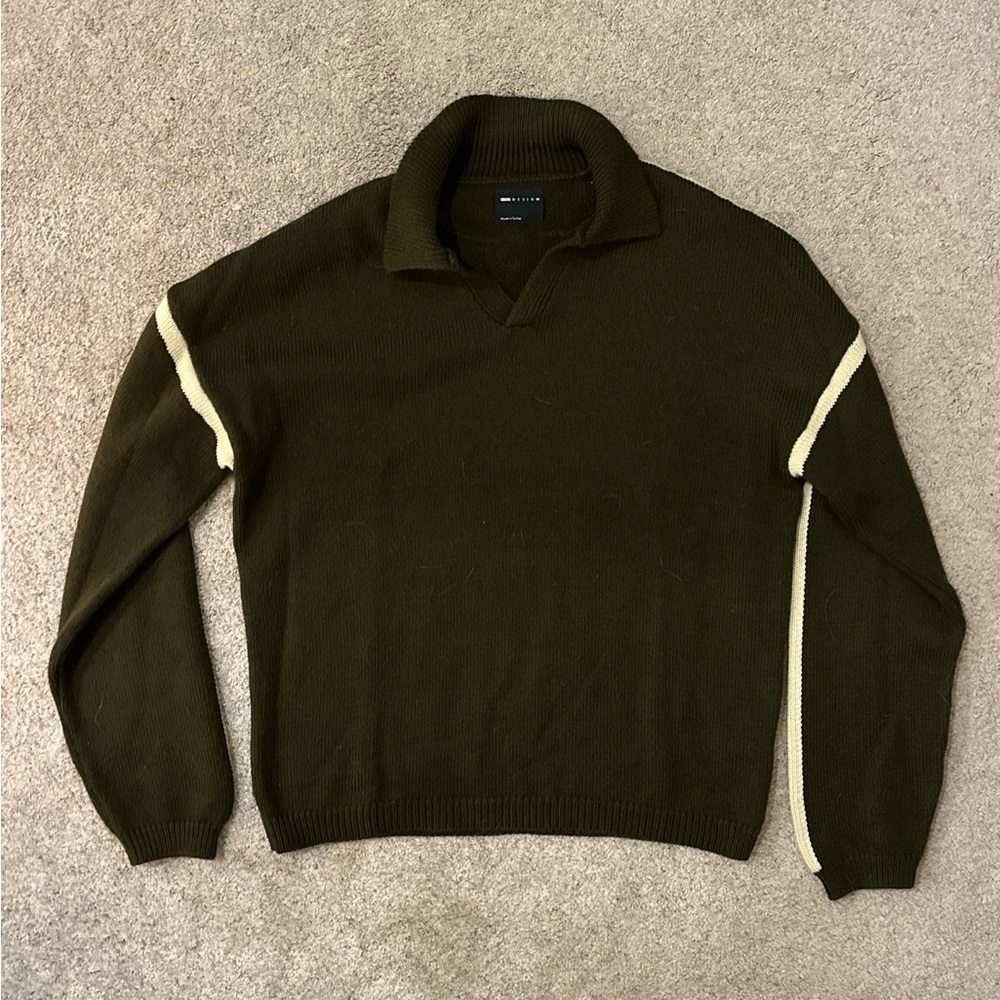 ASOS Olive V-Neck Sweater with Cream Stripes